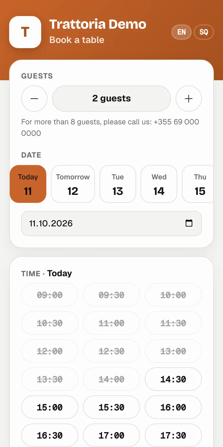 A restaurant's online booking page on a phone: the date, number of guests and the free times to choose from