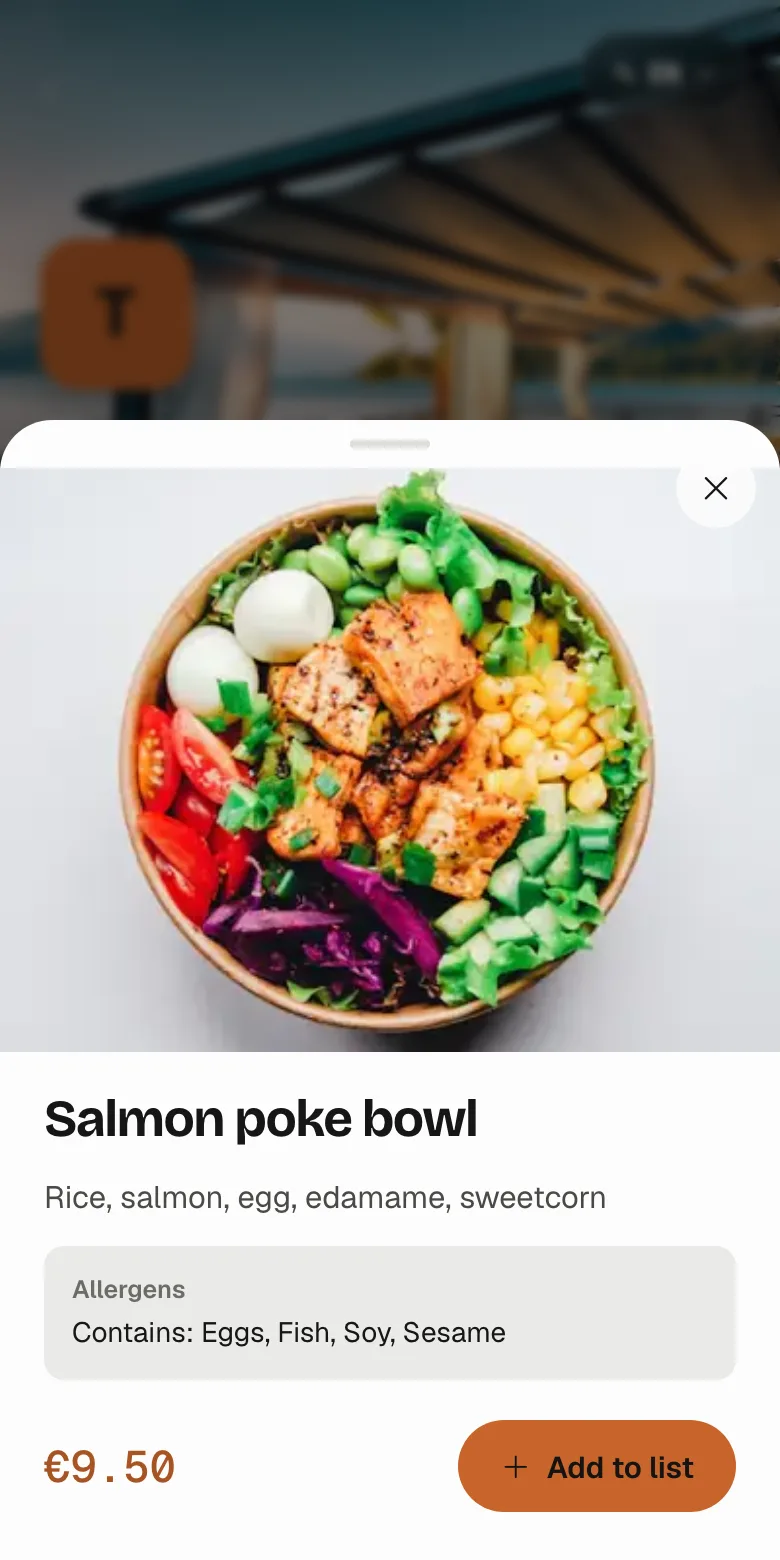 A dish opened on the digital menu with its photo, description, allergens and an add to list button