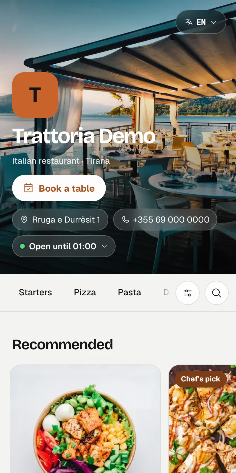 A restaurant's digital menu on a phone: the restaurant banner, categories and dishes with photos and prices