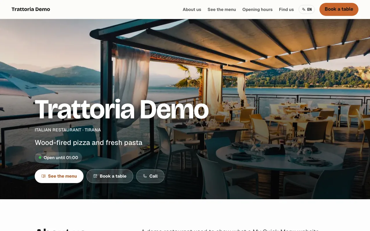 A restaurant website made with My Quick Menu: banner photo, restaurant name, tagline, opening status and buttons to see the menu and book a table